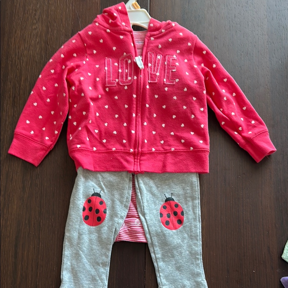 Pink Polka Dot Hoodie and Gray Ladybug Pants Set , 12 months